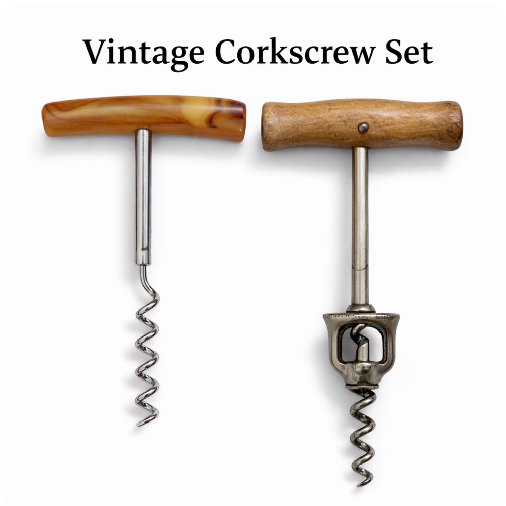 🍷🍷Vintage Corkscrew Set Mid Century Barware Pair German Wood Handle Wine Openers